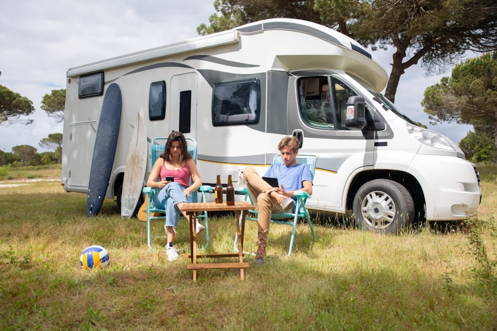 Couple enjoying the nature from RV